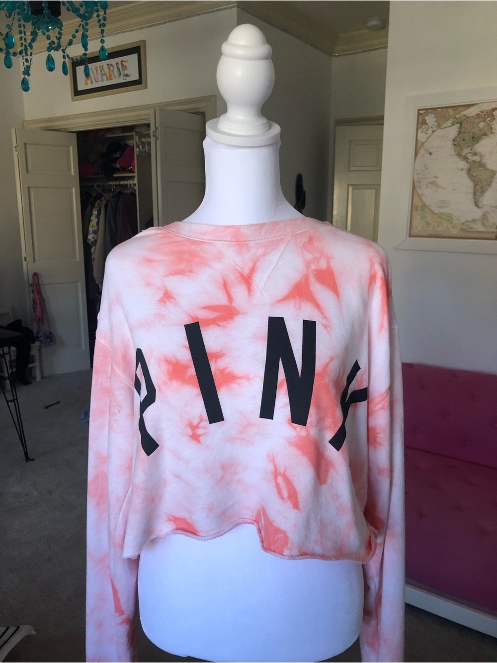Victoria's Secret PINK Coral & White Tie-Dye Cropped Sweatshirt